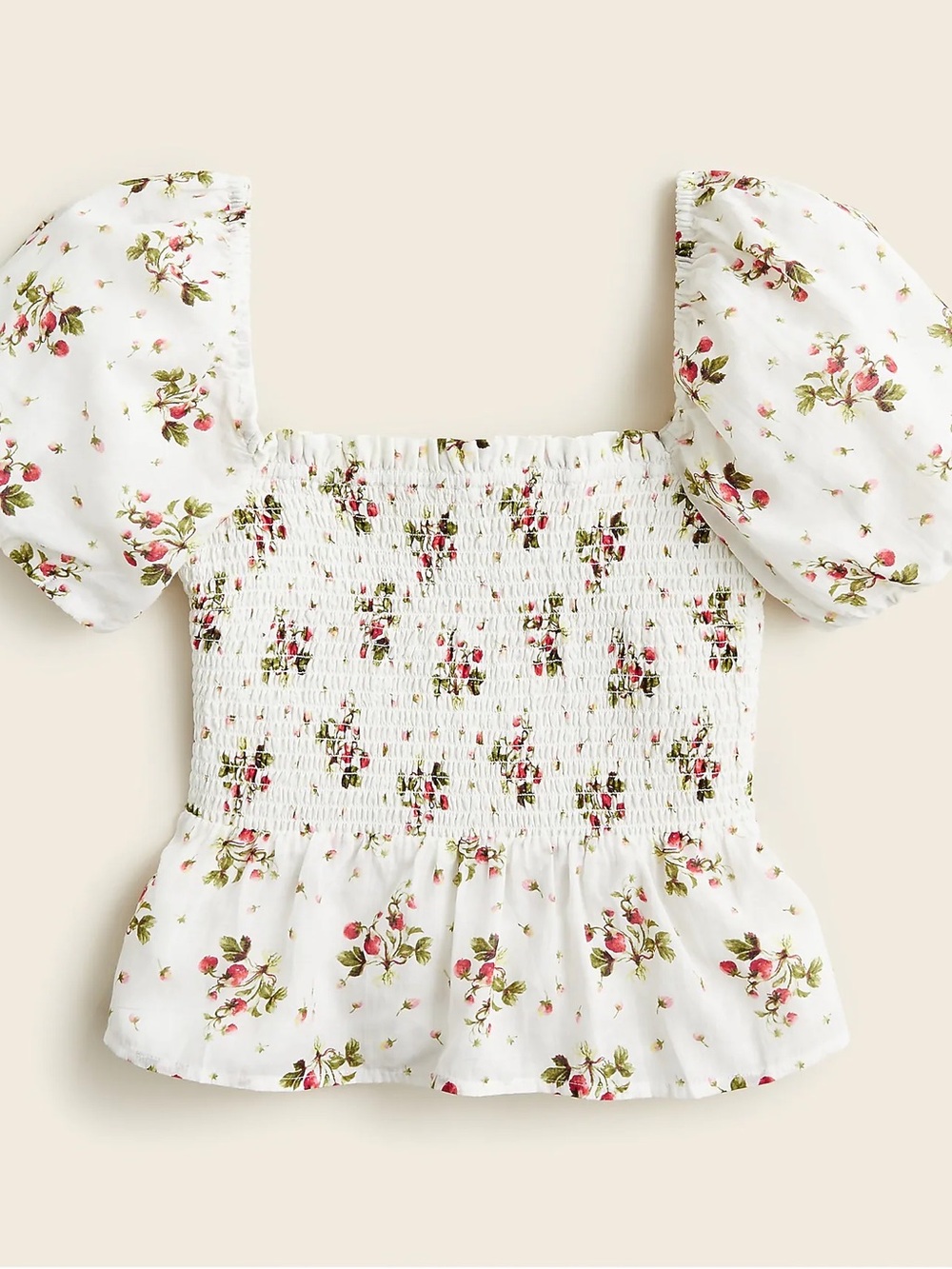 J. Crew Puff-sleeve smocked top in strawberry floral M